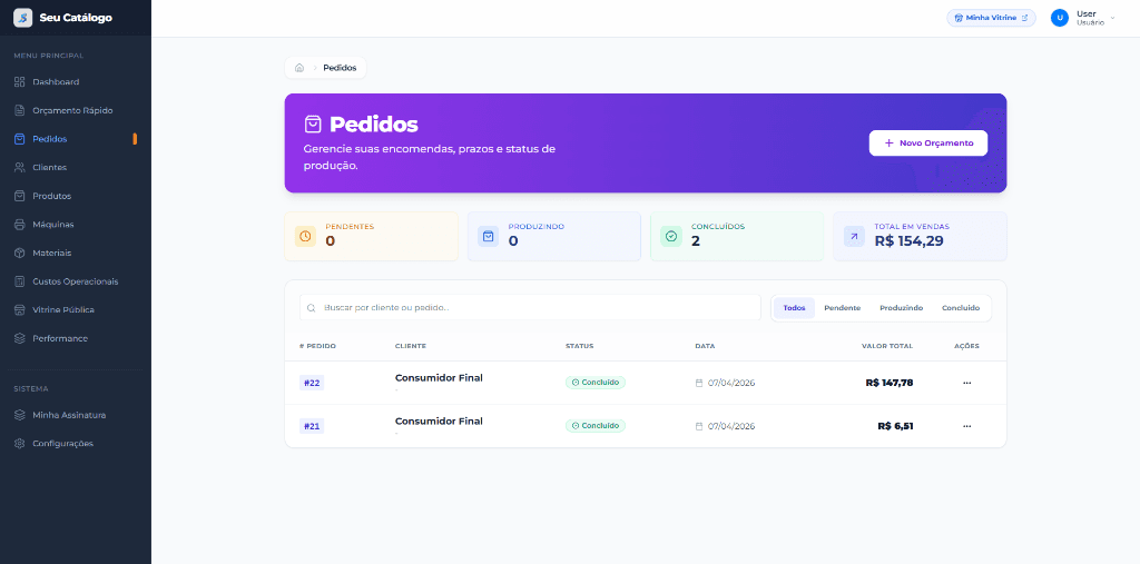 Pedidos no SeuCatálogo3D